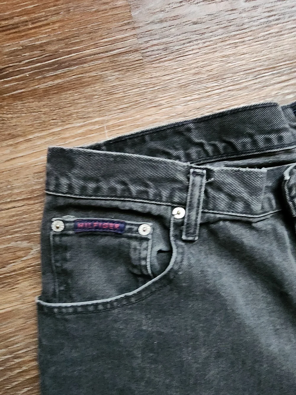VTG Y2K TOMMY HILFIGER Baggy Wide Leg Carpenter Black Jeans Raw Hem Sz W36x32